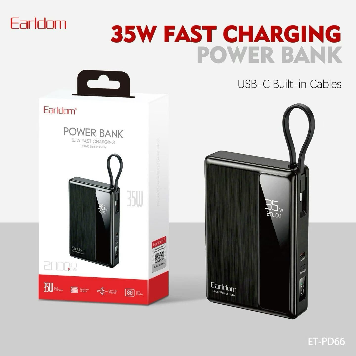 Earldom 20000mAh Fast Charging Power Bank with Built-in USB-C Cable – ET-PD66 - Image 2